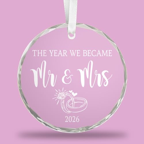 Wedding Gift | Mr and Mrs Crystal Christmas Ornament 2026 – Elegant Beveled Edges with Ribbon & Gift Box