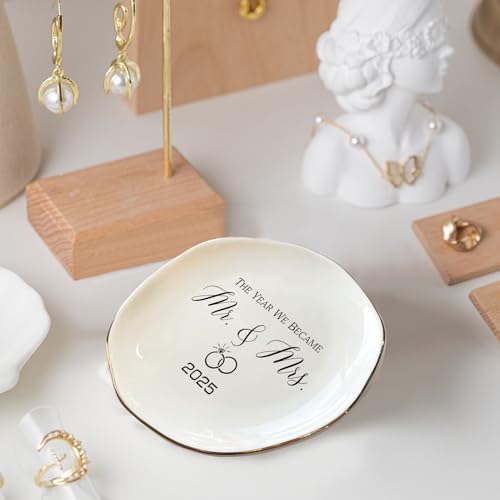 The Year We Became Mr & Mrs 2025 Ring Dish - Elegant Ceramic Ring Holder for Engagement, Wedding, and Bridal Shower Gifts - Honeymoon Keepsake for Friends, Newlyweds, and Bride-to-Be