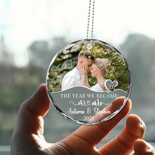 Personalized The Year We Became Mr & Mrs, Wedding Gifts for Newlywed Couple, Bride and Groom, Custom Photo, Names, Year (Mr&Mrs Photo Car Ornament)