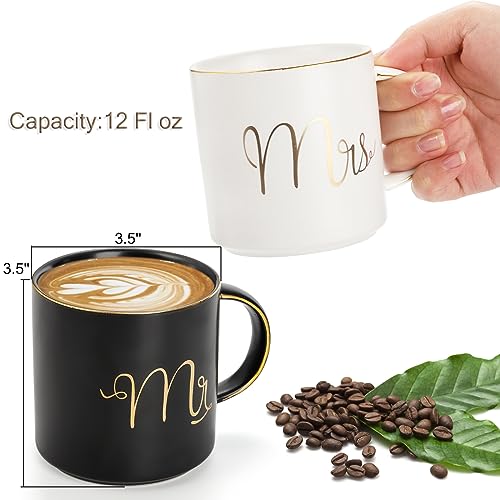 Yesland 12 oz Mr and Mrs Mug, Ceramic Coffee Mug for the Couple, Ideal Gift for Engagement, Anniversary, His and Hers, Bride and Groom, Valentines and Christmas Gifts - Set of 2 (Black & White)