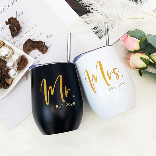 ELEGANTPARK Mr and Mrs Gifts Wedding Gifts for Couples 2025 Newlyweds Engagement Present for Bride and Groom Cups Stainless Steel Mr & Mrs Wine Tumbler with Lid and Straw 12 OZ