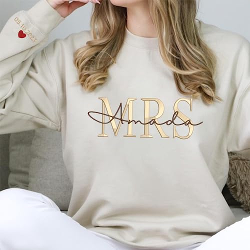 Custom Embroidered Mr & Mrs Sweatshirt & Hoodie, Personalized Couple Names, Custom Anniversary Date On Sleeve With Heart, Gifts For Wife, Husband, Gift For Anniversary, Couple Gifts