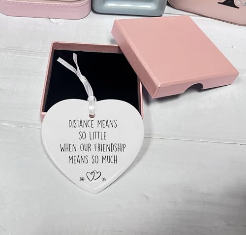 Best Friends Friendship Gift-Long Distance Present-Goodbye Farewell Leaving Away Keepsake-Christmas Gift-Ceramic Heart Ornament Sign Decor Present-Double-Sided Printing-Distance Means So Little