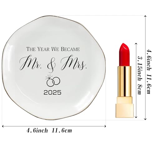 The Year We Became Mr & Mrs 2025 Ring Dish - Elegant Ceramic Ring Holder for Engagement, Wedding, and Bridal Shower Gifts - Honeymoon Keepsake for Friends, Newlyweds, and Bride-to-Be