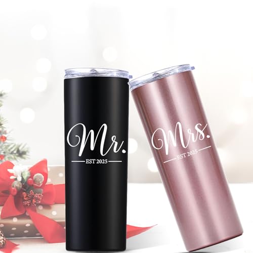 momocici Mr and Mrs Est 2025 20 OZ Skinny Tumbler.Engagement Wedding Wife Husband Bride Groom Couple Gifts.Newlyweds Anniversary Bride To Be Newly Engaged Bridal Shower Gifts.(Black&Rose Gold)