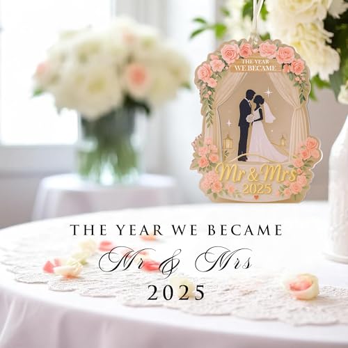 Wedding Gifts for Couples 2025, 3D Acrylic Double Layers Wedding Ornament 2025, Just Married Ornament, Mr and Mrs Ornaments, Car Hanging Ornament, Bride Gift, Gift for Newlyweds (Pink)