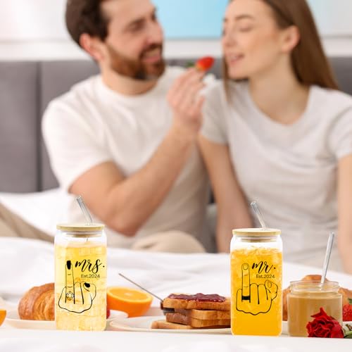 2pcs Mr & Mrs Gifts Glass Cup Set – 16oz Iced Coffee Cup - Beer Can Glass Cups with Lids and Straws - Drinking Glasses with Bamboo Lids and Glass Straws