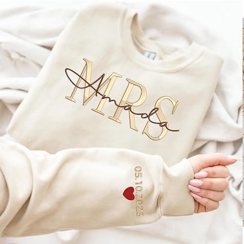 Custom Embroidered Mr & Mrs Sweatshirt & Hoodie, Personalized Couple Names, Custom Anniversary Date On Sleeve With Heart, Gifts For Wife, Husband, Gift For Anniversary, Couple Gifts