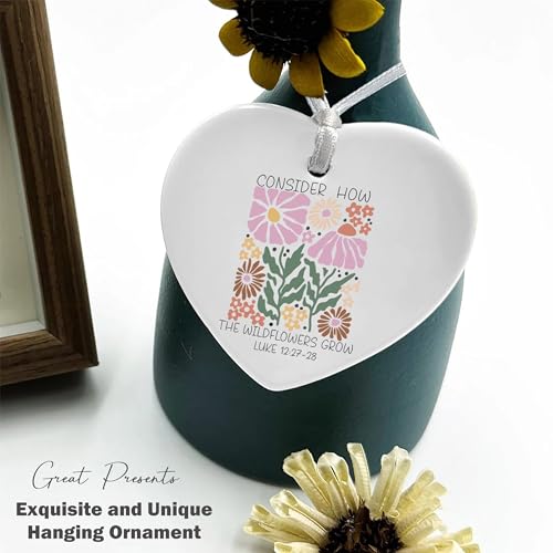 Christian Scripture Religious Bible Verse Gift for Women Girls - Consider How The Wildflowers Grow - Inspirational Heart Shaped Ornament - Affirmations for Her