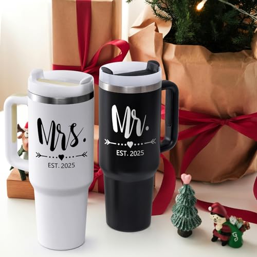 Qtencas Mr and Mrs Gifts, Mr and Mrs EST 2025 Stainless Steel Travel Tumblers Set, Engagement Wedding Gifts, 40 oz 2025 Travel Mug for Couples Newlyweds, Bridal Shower Anniversary Cups(Black & White)