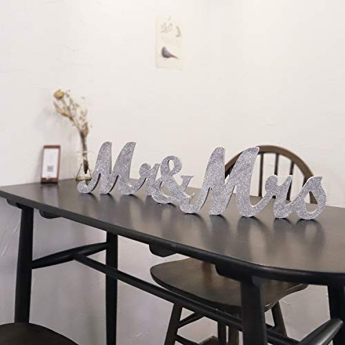 Wooden Mr and Mrs Sign, Rustic Mr. & Mrs. Letters Wedding Signs for Wedding Table, Miss Mr. Deroation for Photo Props/Party Table/Anniversary/Valentine's Day/Wedding & Engagement, Silver