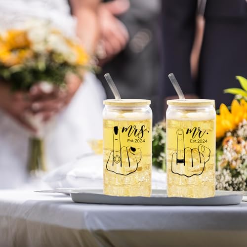 2pcs Mr & Mrs Gifts Glass Cup Set – 16oz Iced Coffee Cup - Beer Can Glass Cups with Lids and Straws - Drinking Glasses with Bamboo Lids and Glass Straws