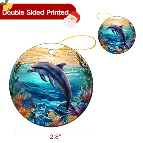 Dolphin Ornament Decor,Ocean Animal Christmas Ornament,Dolphin Round Ceramic Ornament,Ornament for Living Room Walls Window Car Outdoor Decor,Retirement Birthday Holiday Ornament Gifts for Women Men