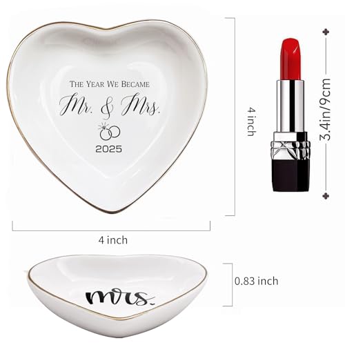 The Year We Became Mr & Mrs 2025 Ceramic Ring Dish for Wedding Jewelry Tray, Elegant Keepsake Gift for Couples, Ceramic Valet Tray for Jewelry Storage