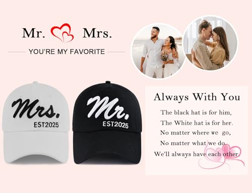 2PCS Mr Mrs Baseball Hats for Men Women, Newlywed Honeymoon Wedding Gifts, Funny Adjustable 3D Embroidered Hat Couples Set