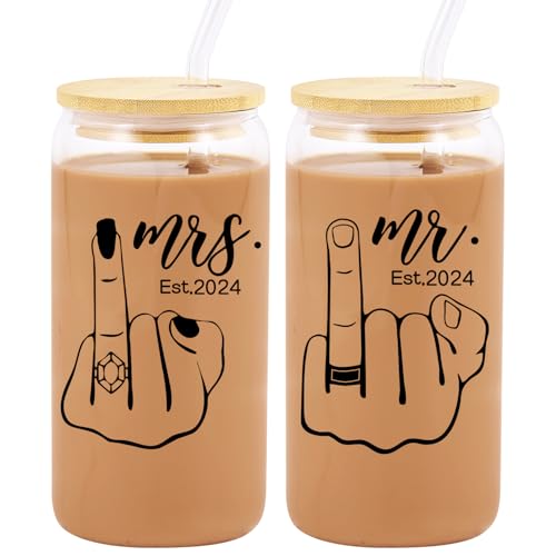 2pcs Mr & Mrs Gifts Glass Cup Set – 16oz Iced Coffee Cup - Beer Can Glass Cups with Lids and Straws - Drinking Glasses with Bamboo Lids and Glass Straws
