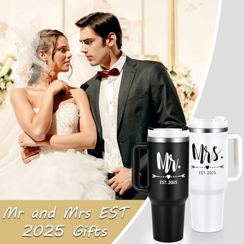 Qtencas Mr and Mrs Gifts, Mr and Mrs EST 2025 Stainless Steel Travel Tumblers Set, Engagement Wedding Gifts, 40 oz 2025 Travel Mug for Couples Newlyweds, Bridal Shower Anniversary Cups(Black & White)
