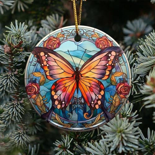 2D Flat All Over Printed, Butterfly Ornaments, Buttefly Ceramic Ornaments, Butterfly Christmas Ornaments, 2 Sides 2.9" Ceramic Ornaments, Butterfly Christmas Decor (EPHG-52541007)