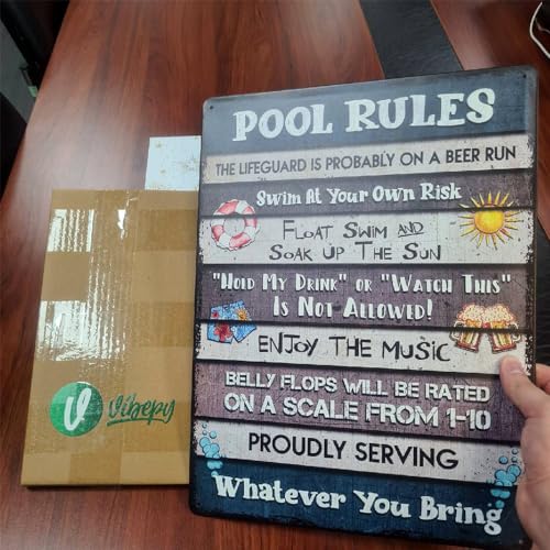 All Over Printed, Pool Rules Metal Sign 12x16 Inches, Funny Pool Decorations, Poolside Outdoor Metal Sign