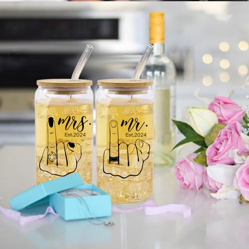 2pcs Mr & Mrs Gifts Glass Cup Set – 16oz Iced Coffee Cup - Beer Can Glass Cups with Lids and Straws - Drinking Glasses with Bamboo Lids and Glass Straws