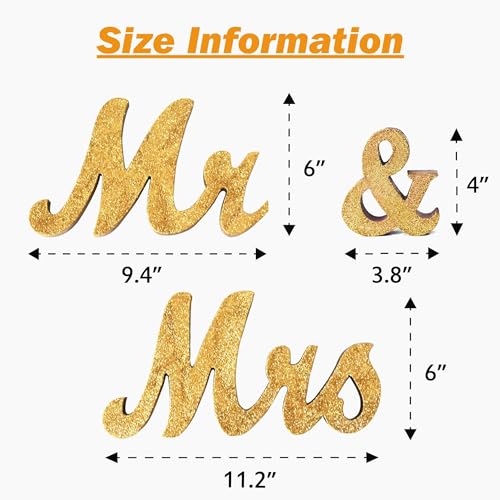 Mr and Mrs Tabletop Wedding Decoration - Wooden Freestanding Letters for Photo Props - Golden Glitter Decor Gift for Bridal Shower Anniversary Party