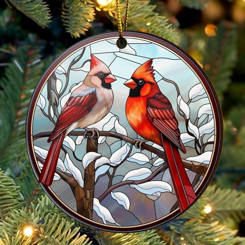 2D Flat All Over Printed, Cardinal Bird Ornaments, Red Cardinal Ornaments, Christmas Memorial Ornaments, 2 Sides 3.5" Wood Ornament, for Sympathy (Ephg-52603020)