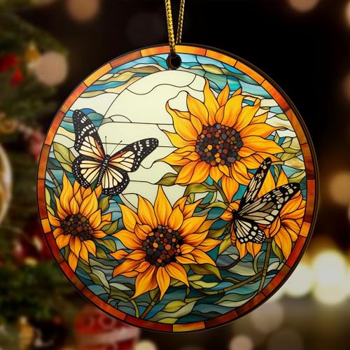 2D Flat All Over Printed, Sunflower Ornaments, Christmas Sunflower Ornaments, 2 Sides 3.5" Wood Ornament, Gift for Sunflower Lover, Christmas Decorations (ORNMWOOD2-EPHG-52399006)