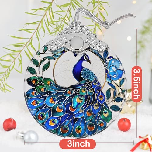 Peacock Stained Glass Ornament - Christmas Tree Decor, Peacock Ornaments for Holiday Gifts