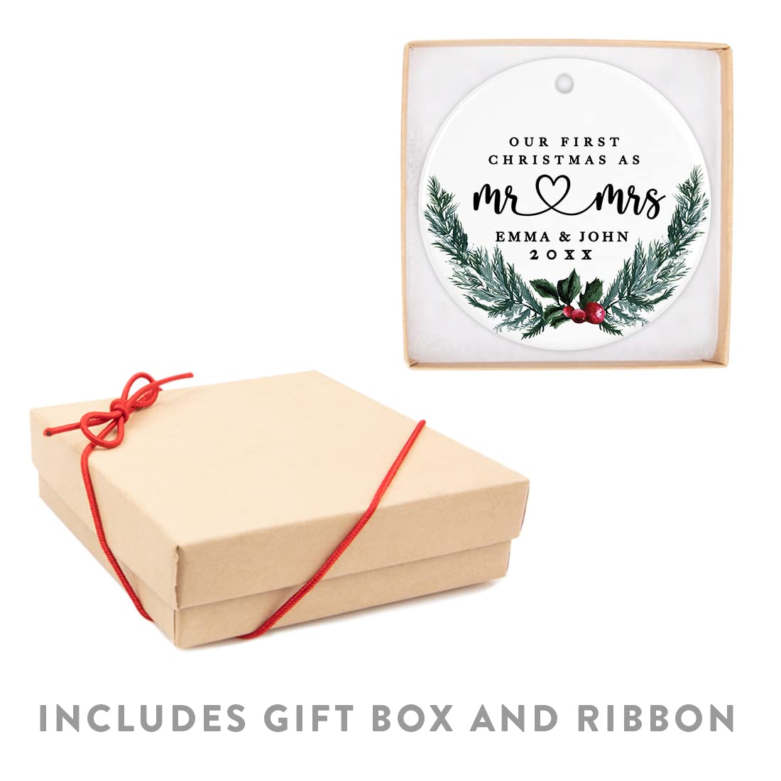 Andaz Press Personalized Our First Christmas As Mr. & Mrs. Christmas Ornaments Holly & Pine Wreath 2.8" Round Porcelain Ceramic Custom 1St Year Married Christmas Ornament 2024 for Newlyweds 1-Pack