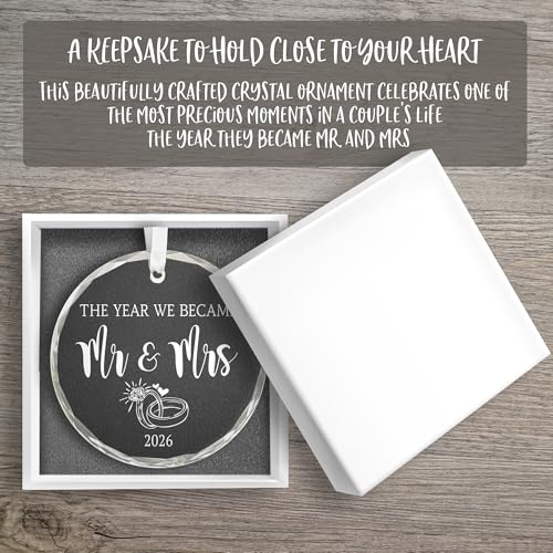 Wedding Gift | Mr and Mrs Crystal Christmas Ornament 2026 – Elegant Beveled Edges with Ribbon & Gift Box