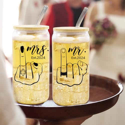2pcs Mr & Mrs Gifts Glass Cup Set – 16oz Iced Coffee Cup - Beer Can Glass Cups with Lids and Straws - Drinking Glasses with Bamboo Lids and Glass Straws