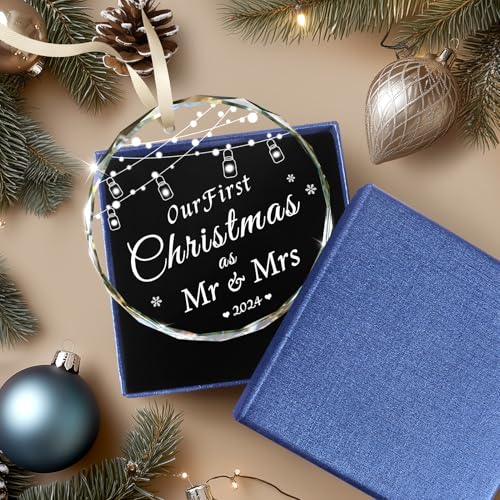 Wedding Gifts for Couple, Mr and Mrs Gifts, First Christmas Married Ornament 2024, Unique Crystal Bridal Shower Gift for Bride