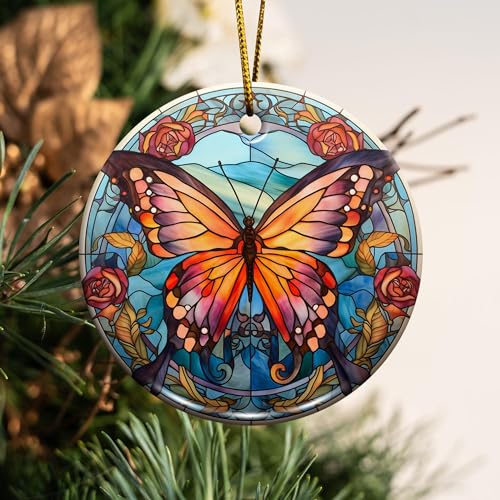 2D Flat All Over Printed, Butterfly Ornaments, Buttefly Ceramic Ornaments, Butterfly Christmas Ornaments, 2 Sides 2.9" Ceramic Ornaments, Butterfly Christmas Decor (EPHG-52541007)