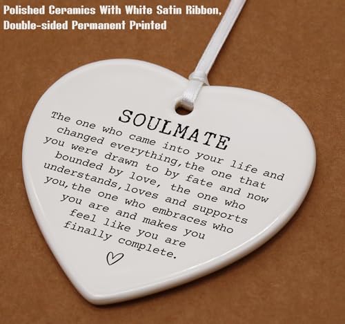 Soulmate Gifts for Wife Husband Girlfriend Boyfriend-Soulmate for Her Him-Anniversary Birthday for Couple Best Friend Bestie Soul Sister-Ceramic Heart Shaped Ornament with Gift Box