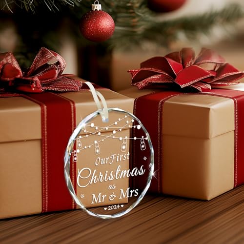 Wedding Gifts for Couple, Mr and Mrs Gifts, First Christmas Married Ornament 2024, Unique Crystal Bridal Shower Gift for Bride