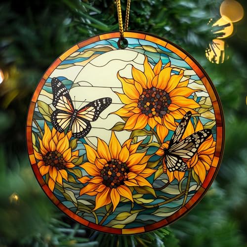2D Flat All Over Printed, Sunflower Ornaments, Christmas Sunflower Ornaments, 2 Sides 3.5" Wood Ornament, Gift for Sunflower Lover, Christmas Decorations (ORNMWOOD2-EPHG-52399006)