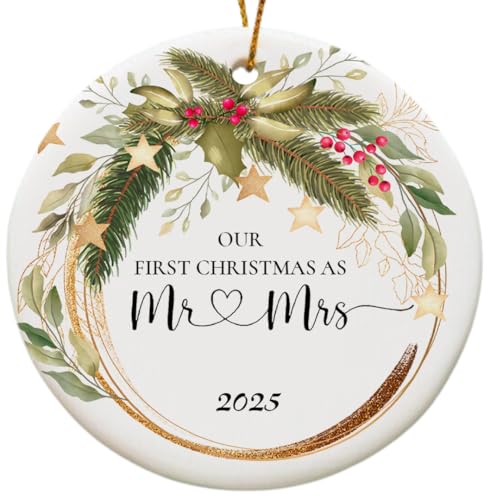 Our First Christmas Married Ornament 2025, Personalized 1st Christmas Married Ceramic Ornament (Wedding Date)
