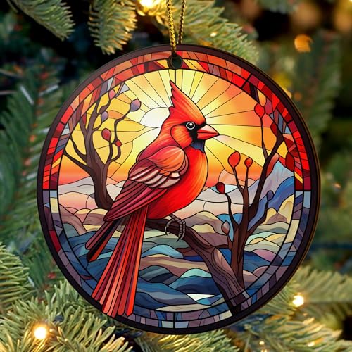 2D Flat All Over Printed, Cardinal Bird Ornaments, Red Cardinal Ornaments, Christmas Memorial Ornaments, 2 Sides 3.5" Wood Ornament, for Sympathy (EPHG-52603005)