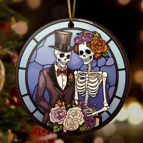 2D Flat All Over Printed, Couple Skeleton Ornaments, Gothic Romantic Ornaments, 2 Sides 3.5" Wood Ornament, Halloween Christmas Decor (Ephg-52602005)