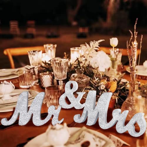 VIOPVERY Mr and Mrs Sign & Just Married Banner,Mr & Mrs Signs for Wedding Table,Large Wooden Letters for Sweetheart Table,Photo Props Wedding decorations for Anniversary,Silver