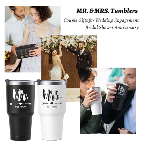 Gtmileo Mr and Mrs Gifts, Mr and Mrs EST 2025 Stainless Steel Insulated Tumbler Set, Wedding Gifts for Couples Bride To Be, Mr and Mrs Cups, Bridal Shower Gifts Wedding Registry(30oz, Black&White)