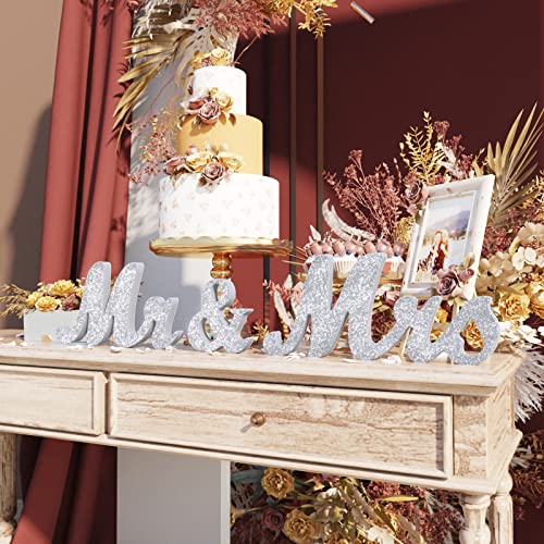 VIOPVERY Mr and Mrs Sign & Just Married Banner,Mr & Mrs Signs for Wedding Table,Large Wooden Letters for Sweetheart Table,Photo Props Wedding decorations for Anniversary,Silver