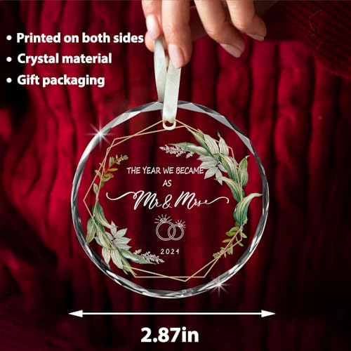 The Year We Became as Mr and Mrs Ornament 2024, Wedding Gifts for Couples Newlyweds 2024 Crystal Glass 3.1" with Gift Box, 1st Year Wedding Ornament Hanging Decoration for Newly Couples