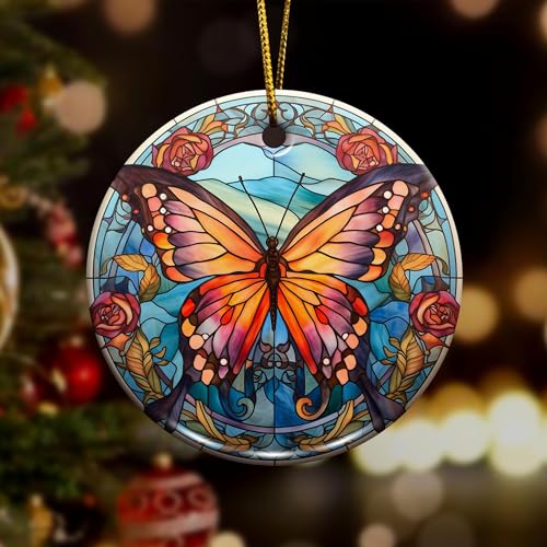 2D Flat All Over Printed, Butterfly Ornaments, Buttefly Ceramic Ornaments, Butterfly Christmas Ornaments, 2 Sides 2.9" Ceramic Ornaments, Butterfly Christmas Decor (EPHG-52541007)