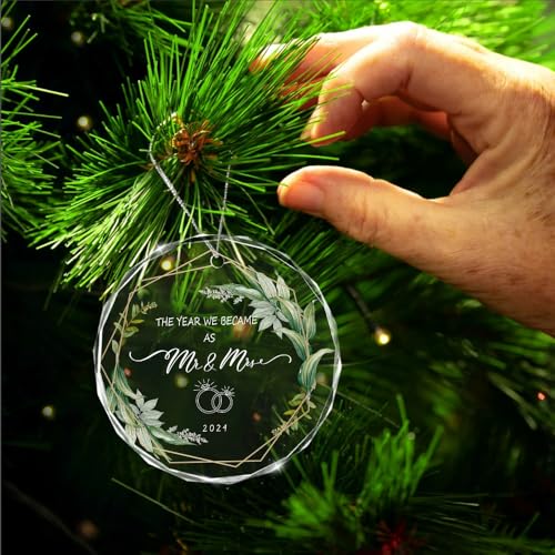 The Year We Became as Mr and Mrs Ornament 2024, Wedding Gifts for Couples Newlyweds 2024 Crystal Glass 3.1" with Gift Box, 1st Year Wedding Ornament Hanging Decoration for Newly Couples