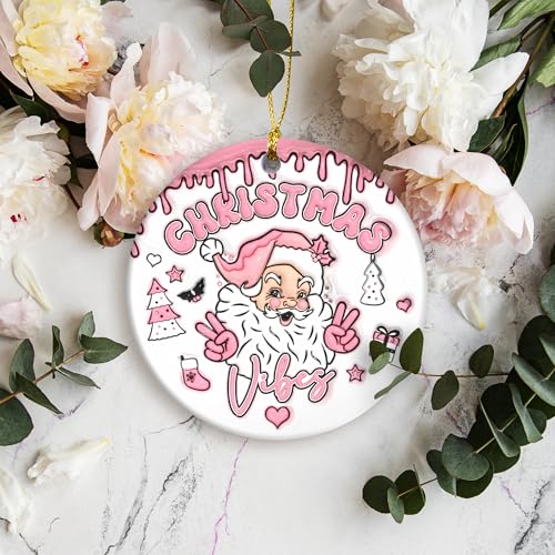 3D Effect Christmas Ornament 2024 | Christmas Vibes Cute Santa 3D Christmas Ornament, Funny Ornament, Christmas Tree with Pink Ornament (Christmas Vibes)