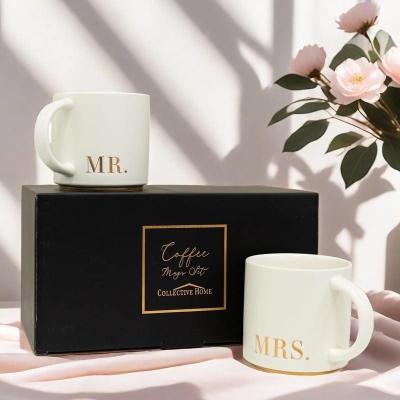 COLLECTIVE HOME - Mr. & Mrs. Ceramic Mugs, Wedding Gift Set, Perfect Luxury Couple's Gift, Elegant Design, Premium Ceramic, 2-Piece Set (MR & MRS)