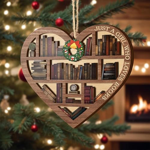 All Over Printed Book Lovers Ornament, Bookshelf Heart Christmas Ornament, 3.2"x3.5" 2 Layer, Gift for Girl Book Lovers, Gift Idea for Christmas