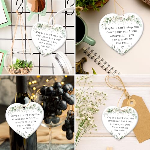 ZAGKOO Maybe I Can't Stop The Downpour Heart Ornament, Sentimental Ceramic Friendship Hanging Plaque Gift for Bestie Women Friends Sister, Long Distance Support Gift, Home Wall Door Car Hanging Decor