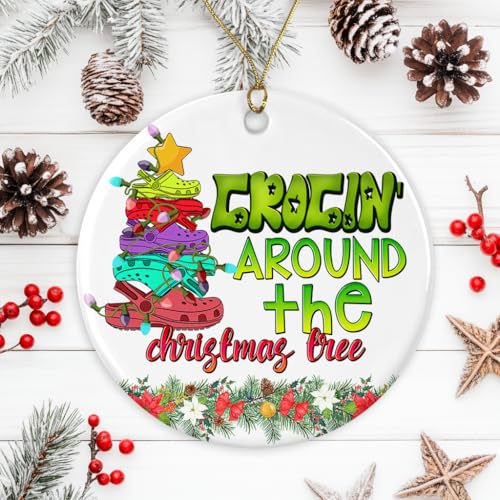 Crocin Around The Christmas Tree Ornament - Christmas Tree Ornament - Round Ceramic Ornament - Ornament for Croc Lovers Friends Printed on One Side